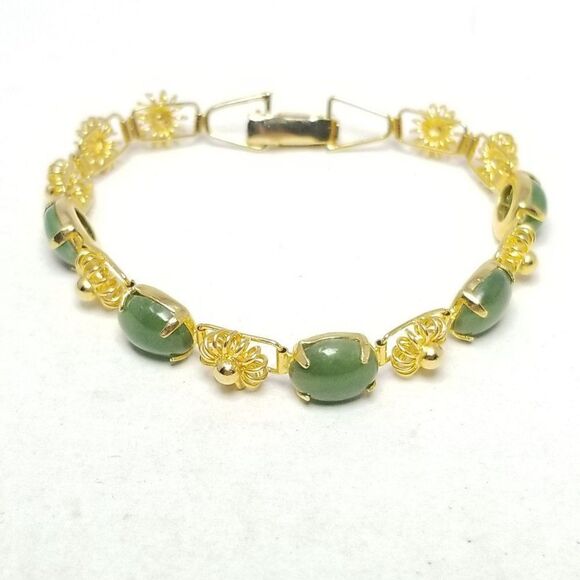 Vintage Gold Tone and Green Cabochon Panel Link Bracelet, Unique Design, Estate - Picture 5 of 5